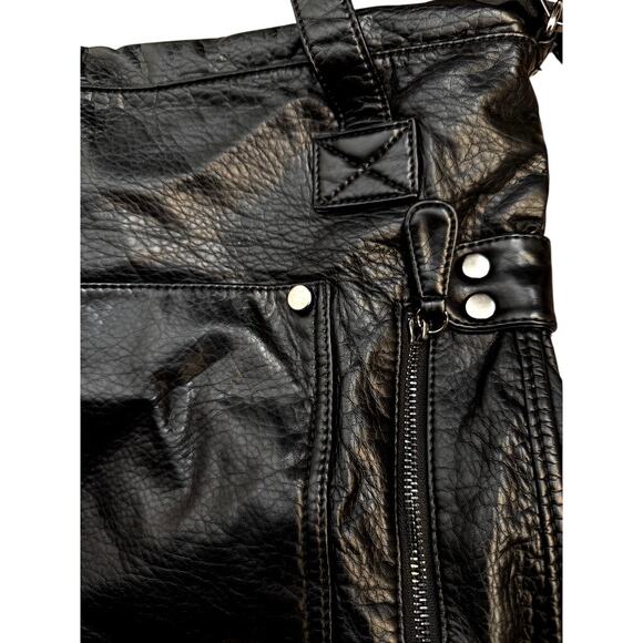 Black Soft Faux Leather Utility Tote Convertible Shoulder Crossbody Motorcycle - Picture 6 of 8
